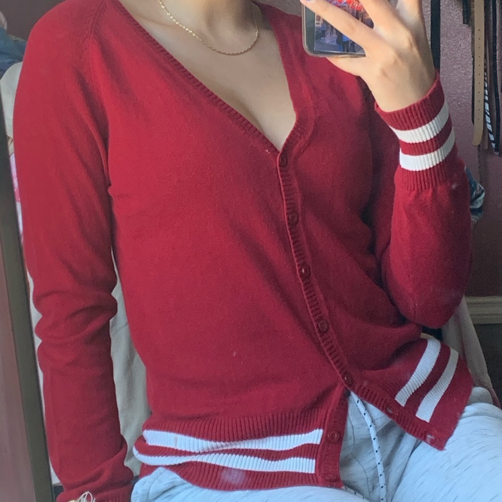 Red and white varsity cardigan